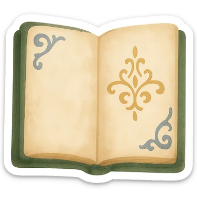 Increase the saturation and contrast of an open antique book with a dark green cover, maintaining the dreamy painterly watercolor style with visible brushstrokes, on a transparent background. sticker