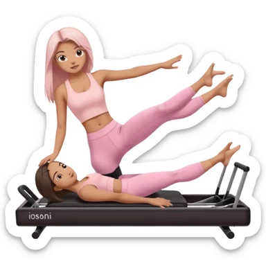 a girl doing reformer pilates, she is wearing a pastel pink fit and she has dark straight and loose hair.  sticker