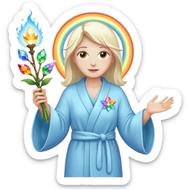 a being of light with a robe on made of light and who is lanky holding a bouquet of crystal flowers on rainbow fire sticker