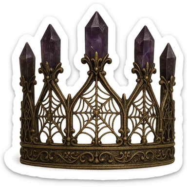 gothic crown in antique brass with amethyst crystals and spiderweb filigree, vintage and spooky sticker
