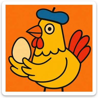 a chicken wearing a French beret, holding an egg, fun whimsical style sticker