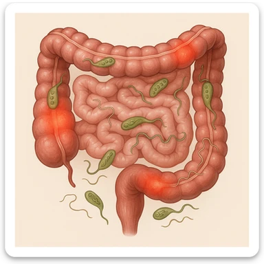 realistic illustration of human intestine, infographic style, visible stylized parasites inside, highlighted inflamed areas, natural colors, light background sticker