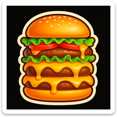 Add fresh green lettuce and juicy red tomato slices to the cheeseburger, keeping the cartoon emoji style, high detail, bright colors, and appetizing look. sticker