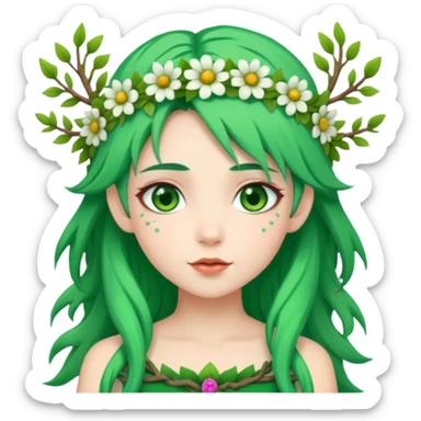 A forest princess with green hair, green eyes, wearing a wreath of flowers and branches sticker