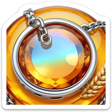 extreme close up of a round cut holographic amber charm with silver metal accent and wheat chain sticker