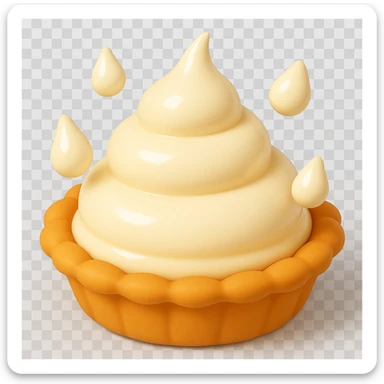 Frame 5 of 15: Cream pie with four cream droplets, playful 3D emoji style, golden brown crust, same angle as reference sticker