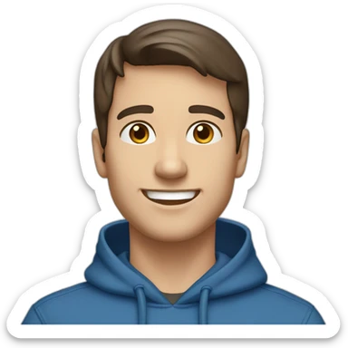 caucasian, male, dark brown hair, dark brown eyes, cap, smiling, blue hoodie sticker