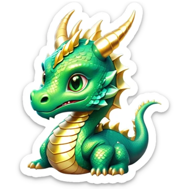 Cinematic Cute Dragon Portrait Emoji, Head tilted playfully and inquisitively, featuring a sleek, serpentine form adorned with iridescent scales that shift between emerald and gold, a delicate set of subtle horns, and round, sparkling eyes full of curious magic; rendered with realistic detail and warm natural light, high shine, affectionate and enchanting, styled with a touch of whimsical fantasy, soft glowing outline, capturing the essence of a mischievous yet lovable dragon that seems poised to slither playfully into your arms! sticker