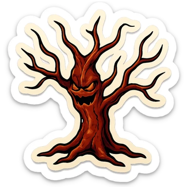sinister tree with thin curved branches, brown-red cracked bark, sharp black outlines, clear shadows and highlights, retro stickers style, no gradients, scary silhouette sticker