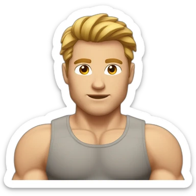 Muscular white man with brown color high volume hair cut wearing gym tshirt sticker