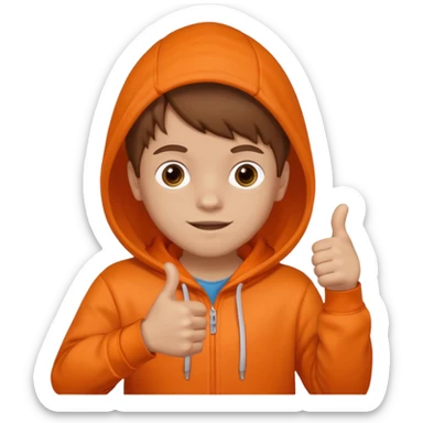 Brown hair kid in an orange hoodie with the "thumbs up" sign sticker