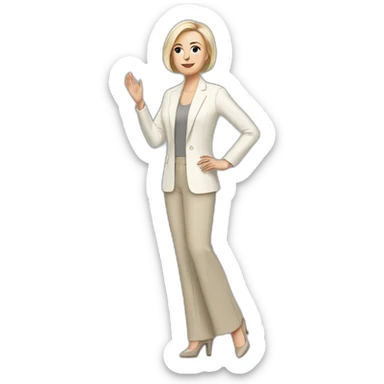 Full height Actively gesturing with hands pale skin woman with ash blonde Straightened bob Hair, White Spacious classical jacket, beige palazzo Arrow pants and gray blouse sticker