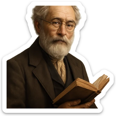 an intellectual poet with round gold glasses, a white beard, and a book in his hand, detailed, portrait sticker