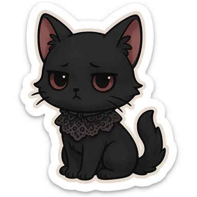 gothic cat with black fur, elegant, subtle lace collar, moody atmosphere, chibi style sticker