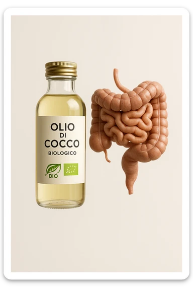 BOCCETTA DI OLIO DI COCCO BIOLOGICO (FAI UN ETICHETTA SUL PRODOTTO IN ITALIANO) CHE FLUTTUA IN ARIA INSIEME A UN INTESTINO UMANO ANATOMICO IN PERFETTA SALUTE, SFONDO CHIARO, iperrealistico 4k sticker