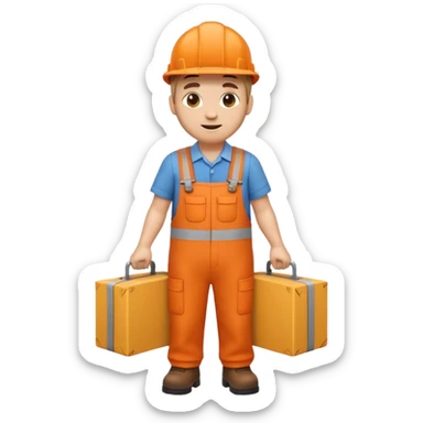 emoji style railway engineer full body in orange overalls, carrying a box in front of them sticker