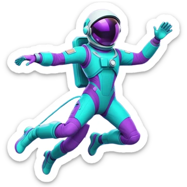 Stylized futuristic astronaut in mid-flight pose, sleek purple and neon teal suit, flat vector design, heroic silhouette, dynamic diagonal motion lines sticker