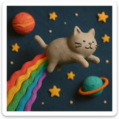 claymation style flying cat pooping rainbows in outer space with stars and planets sticker
