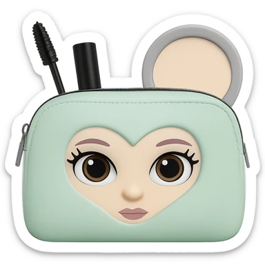 Create an image of a small makeup bag with mascara and compact peeking out. The bag should be pastel colored and styled like an emoji. The background should be removed, isolating the subject clearly. sticker