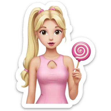 Beautiful woman with long blonde ponytails wearing light pink bodycon dress holding a lollipop sticker