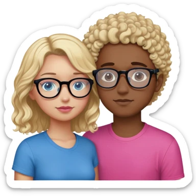 intimate moment between lovers boy with blonde hair black glasses and blue eyes and a black shirt, Girl with a mixed skin tone, dark brown curly hair, pink glasses, and a pink shirt sticker