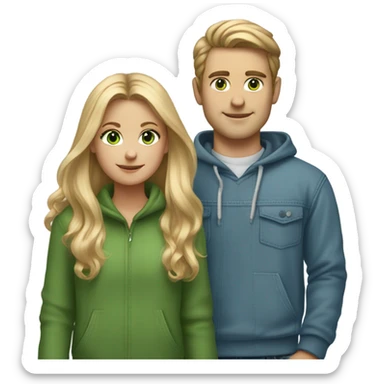 blonder long hair girl portrait green eyes holding hands with man with white and brown mixed colored hair both wearing blue jeans and cozy sweatshirts sticker
