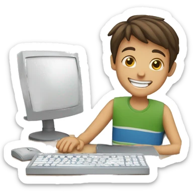 A boy in front of the computer who is happy  sticker