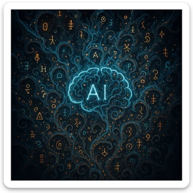 AI visualized as a shifting fractal intelligence with glowing symbols and incomprehensible forms sticker