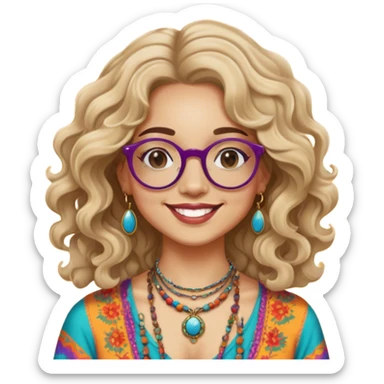 a portrait of janis joplin, with wavy hair, round glasses, and a warm smile. she wears bohemian jewelry and colorful clothing, capturing her iconic 60s vibe against a vibrant background. sticker