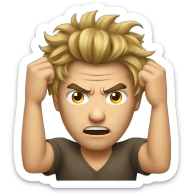 A man that is very angry. His hands are between his hairs and want to pull his hairs sticker