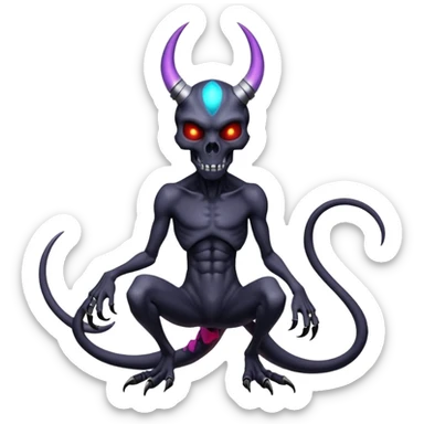 Shiny Horned Futuristic Badass Demonic Spectral Dusky Spooky Skull-faced Cool Hot Stylish Handsome Alien-Salandit-Darkrai-Genesect-Fakémon-fusion (full body) sticker