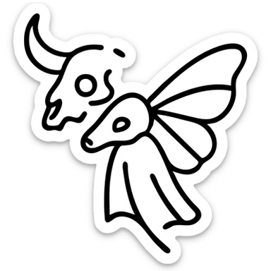 maximum deterioration: a barely-visible red line art of a hybrid creature with minotaur skull with broken horn and single glowing red eye, stoat skull with faint cape, and moth wings, most outlines completely missing, extreme fragmentation, massive gaps, eroded to near non-existence, just the barest hint of the creature remains, like final traces of ancient damaged artifact sticker