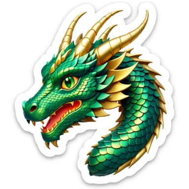 Cinematic Noble Dragon Portrait Emoji, Poised and majestic, with a sinuous, elongated body covered in intricately detailed, shimmering scales in hues of emerald and gold, and piercing, fiery eyes that reflect ancient wisdom; rendered with lifelike texture and natural highlights, high shine, intelligent and formidable, styled with an aura of mythic power, focused and attentive, soft glowing outline, capturing the essence of a legendary dragon that appears ready to soar out of the screen with timeless authority! sticker