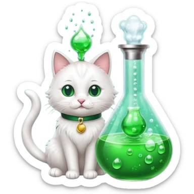 Sleek cat wearing a white coat, paw on a bubbling flask. sticker