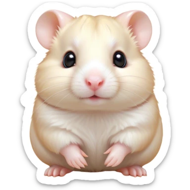 Cinematic Cute Cream Hamster Portrait Emoji, Head tilted playfully and inquisitively, featuring a silky, pristine cream coat with a gentle sheen, round, sparkling dark eyes filled with curiosity, Simplified yet irresistibly adorable features, highly detailed, glowing with a warm, friendly glow, high shine, affectionate and lively, stylized with a touch of whimsy, bright and endearing, soft glowing outline, capturing the essence of a mischievous yet loving hamster, so playful it feels like it could dash out of the screen and into your arms! sticker