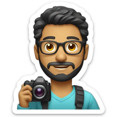 Young Latino film director with small beard and glasses holding a cinema camera sticker