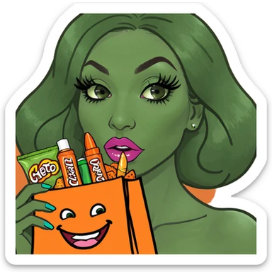 Big lips, long lashes, extreme makeup and nails with Cheeto bag sticker