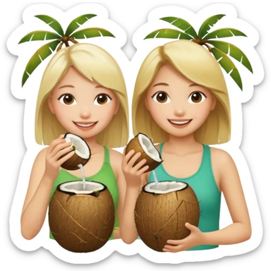 Two girls drinking out of a coconut one Asian one blonde  sticker