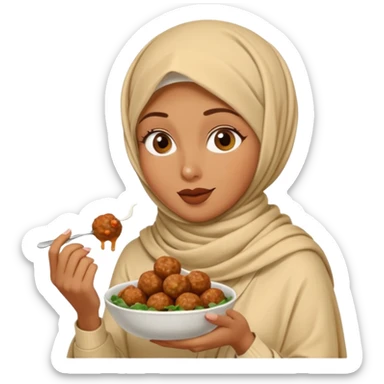 woman wearing a cream colored pashmina hijab eating meatballs sticker