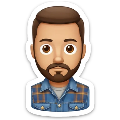 white man with dark brown beard and goatee  standing, wearing jeans and a plaid shirt sticker