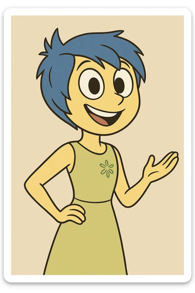 Joy from Inside Out, cheerful expression, blue hair, yellow skin, animated style sticker