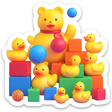 Colorful toys scattered together - teddy bear, rubber duck, toy blocks, ball, and action figures sticker