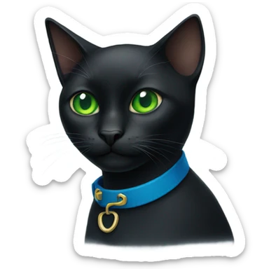 black cat with green eyes wearing a blue collar sticker