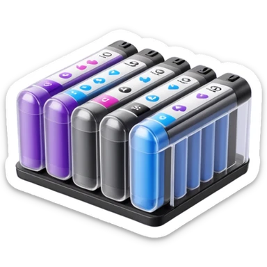 few cylindrical ink cartridges with clear or semi-clear plastic bodies, dark ink (black, blue, or purple) visible, rounded tips, sealed bases, shown clustered or scattered, no pen, packaging, or label, apple emoji style, soft lighting, subtle shadows, transparent background, emoji scale sticker