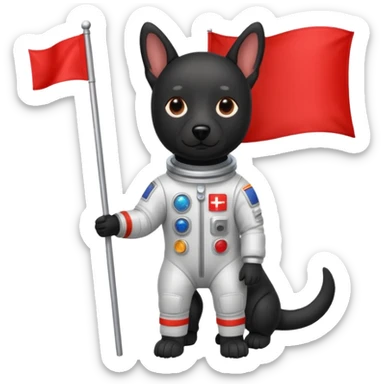 black dog standing in space suit holding red rectangle flag sticker