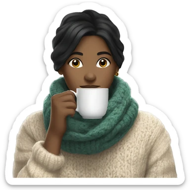 White girl black hair in a sweater and scarf sipping tea  sticker