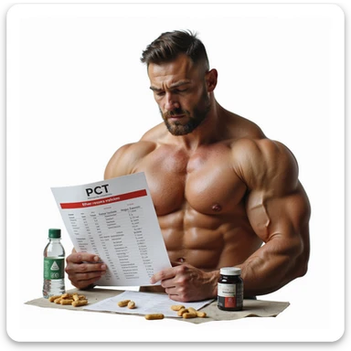 hyper realistic muscular bodybuilder with defined muscles consulting a PCT chart with medications and dosages, supplements and water bottle beside him, determined expression, Italian caption: 'PCT efficace: recupero rapido', isolated on white background sticker