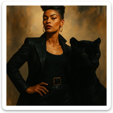 Make the panther black while keeping the woman and background unchanged. Artistic and detailed style. sticker