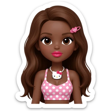 heart shaped lips, cute glossy lips, doll eyes with long lashes, dark brown skin, long brown hair, big chest, hello kitty necklace, one bow clip, pink and white polkadot tops sticker