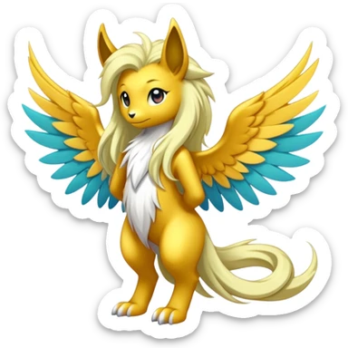 Anthro Sona Cool Cute Colorful Shy Winged Shiny Fakemon-Fantasy-Creature With Long Hair-Mane Full Body sticker
